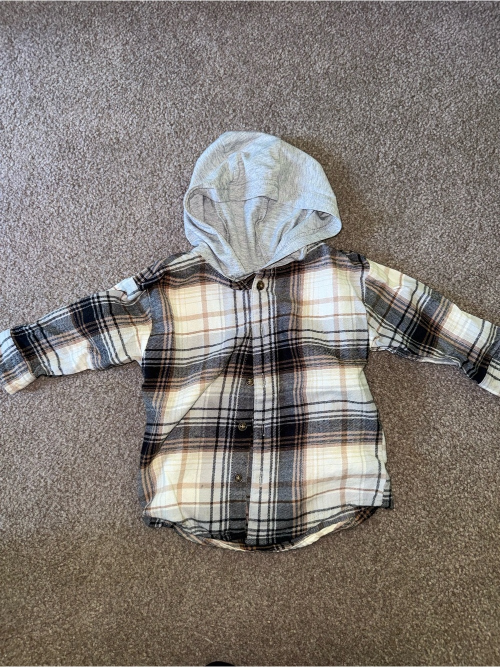 Carter's Plaid Button-Down Hooded Shirt - Cream, Black, Brown